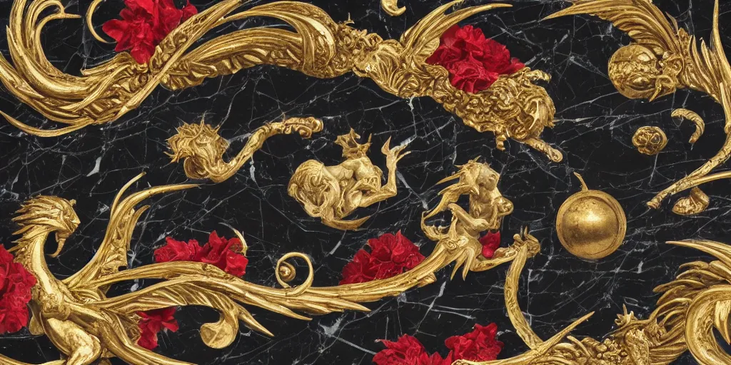 Prompt: tilt shift, italian masterpiece, wyvern, wind rose, Ashford Black Marble, sculpture, baroque, draped with red Hibiscus and vines and spines, marble and gold, space, stars, clouds, suns, moons, drapes, fruits, Obsidian, pomegranade, medieval globe, portrait, mage, centaur, siren, lion, chariot, snails, wings, render, artstation, ultra detailed