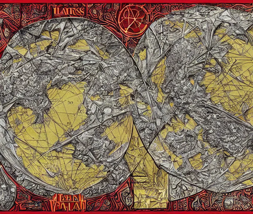 Image similar to highly detailed labeled atlas map poster of a synthetic planet, heraldic, detailed, paper drawing, fractal structure, golden, silver and crimson ink, factories and nature, intricate details, warhammer