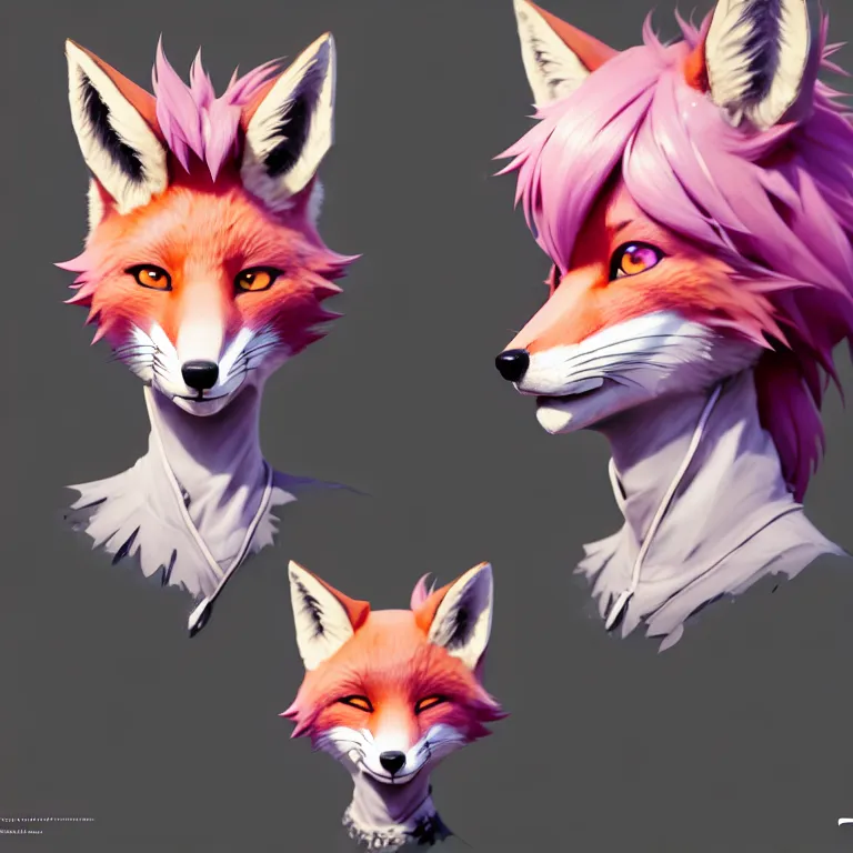 Image similar to a beautiful headshot portrait of a cute anime male fox with pink hair and piercings and green eyes. character design by cory loftis, fenghua zhong, ryohei hase, ismail inceoglu and ruan jia. artstation, volumetric light, detailed, photorealistic, fantasy, rendered in octane
