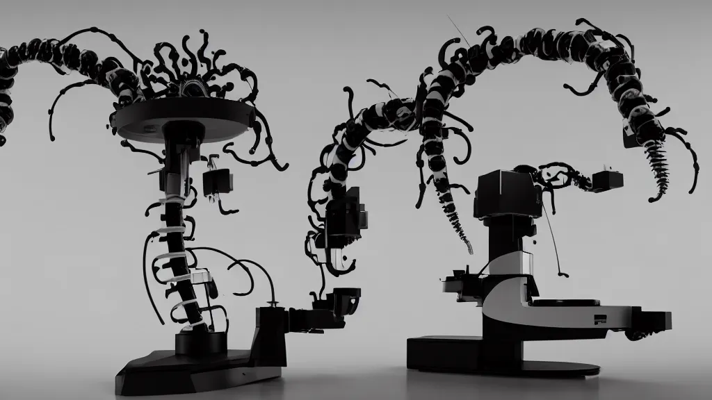 Image similar to a complex bifurcated robotic cnc surgical arm hybrid mri 3 d printer machine making swirling black and white ceramic mandlebulb mutant forms in the laboratory inspection room, film still from the movie directed by denis villeneuve with art direction by salvador dali, wide lens, f 3 2, cinematic lighting, studio quality, smooth render, unreal engine 5 rendered, octane rendered