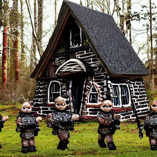 Image similar to a swat team stacked up outside the wicked witch's gingerbread candy cottage front door, ready to bust it down, in the middle of some creepy woods, the wicked witch looks on from the attic window,