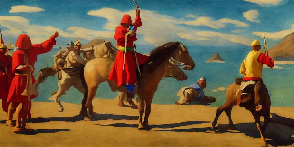 Image similar to a heavenly cinematic water colour of a mongolian knight by edward hopper in the style of renaissance art, 8 k