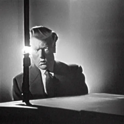 Image similar to a film still from a 1 9 4 0's film noir movie with donald trump sitting at a metal table in an dark interrogation room with a hanging light shining on him illuminating his face