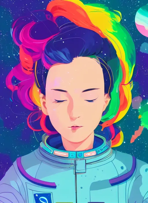 Image similar to a beautiful woman with rainbow hair floating in space. she is an astronaut, wearing a space suit. clean cel shaded vector art. shutterstock. behance hd by lois van baarle, artgerm, helen huang, by makoto shinkai and ilya kuvshinov, rossdraws, illustration, art by ilya kuvshinov