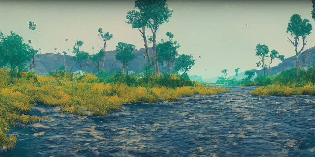 Image similar to abstract 3d landscape painting with a river at noon by james jean and David Schnell painted in no mans sky style, redshift, octane