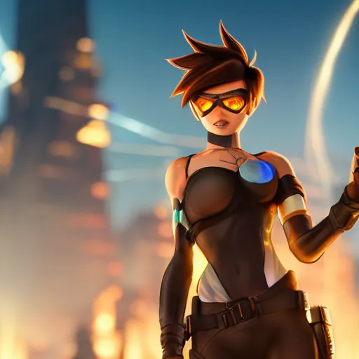 Image similar to tracer, standing on rooftop, 4 k, detailed, smiling at camera, detailed eyes, confident stance, detailed face, feminine face, burning exploding city in background