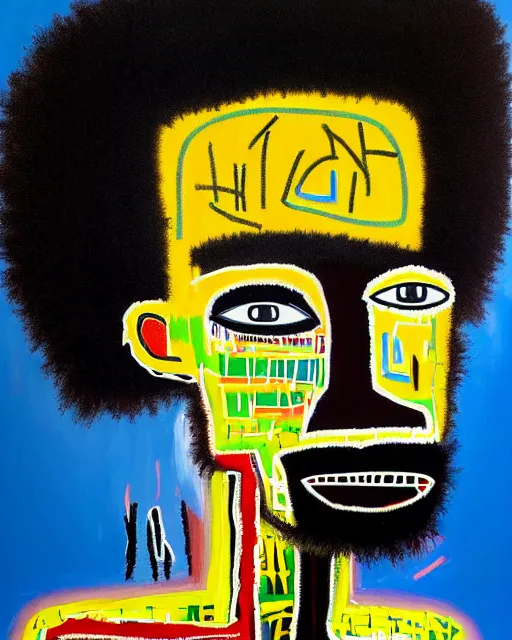 Image similar to A extremely ultra highly detailed majestic hi-res beautiful immaculate head and shoulders award winning painting stunning masterpiece of the face of a strong black african man with an afro by Jean-Michel Basquiat, 8k, high textures, ultra hyper sharp, insanely detailed and intricate, super detailed, 8k HDR ultra high quality