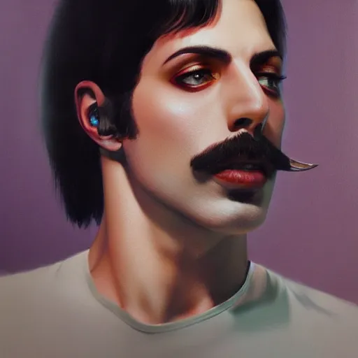 Image similar to of an ultradetailed beautiful portrait panting of freddie mercury, front view, oil painting, by ilya kuvshinov, greg rutkowski and makoto shinkai