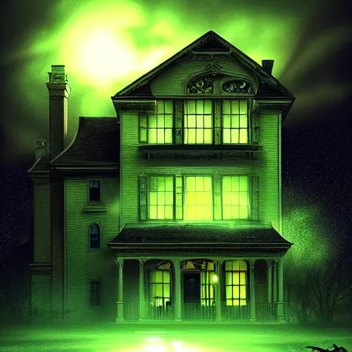 Image similar to Tim Jacobus art, haunted mansion, outside, upward angle, green light coming from window, ghosts night sky, lighting, clouds, artgerm, realistic, horror