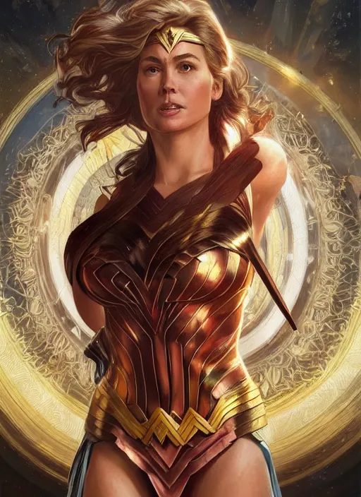 Image similar to Donald Trump as wonder woman, fantasy, intricate, elegant, highly detailed, digital painting, artstation, concept art, smooth, sharp focus, illustration, art by artgerm and greg rutkowski and alphonse mucha