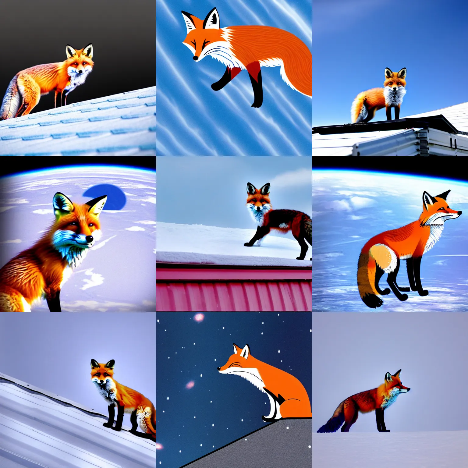 Prompt: fox on roof of white crunch in space