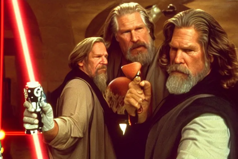 Image similar to Jeff Bridges from The Big Lebowski bowling in the Mos Eisley Cantina from Star Wars with Darth Vader