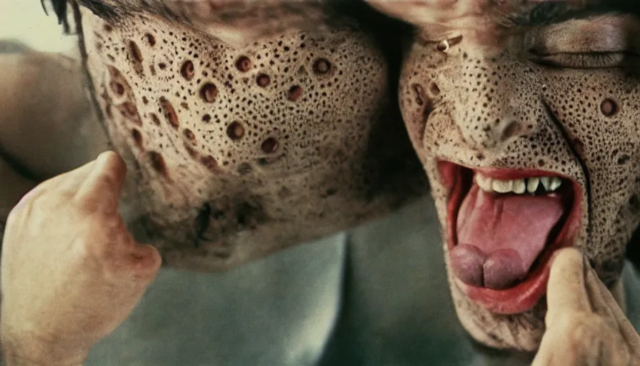 Prompt: 70s movie still of a man yelling with trypophobia flesh, eastmancolor, heavy grain, high quality, higly detailed, liminal space