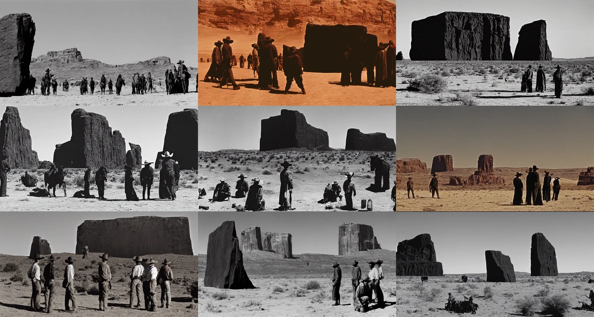 Prompt: film still showing cowboys looking at a gigantic floating black monolith in the desert directed by Sergio Leone, western, cinemascope, technicolor