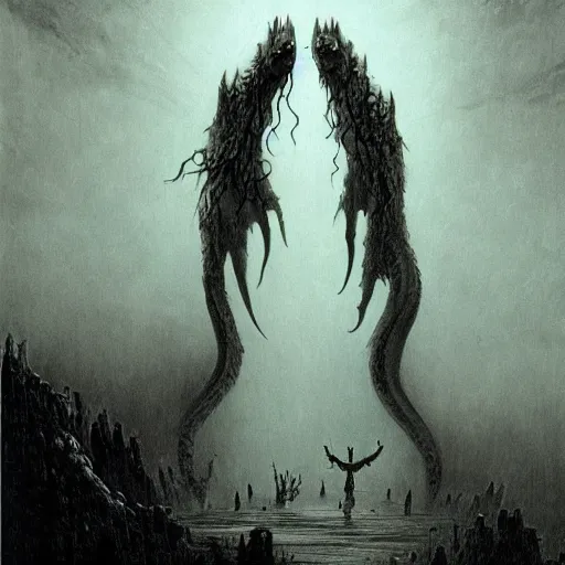 Image similar to vampire dragon beksinski, eldritch, apocalypse, creepy creature, horror spooky