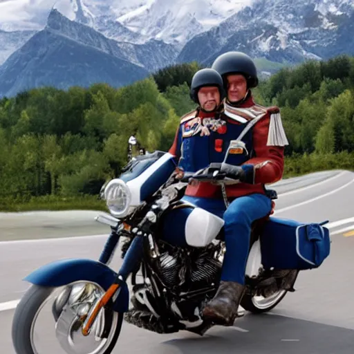 Prompt: Napoleon crossing the alps on a Harley Davidson