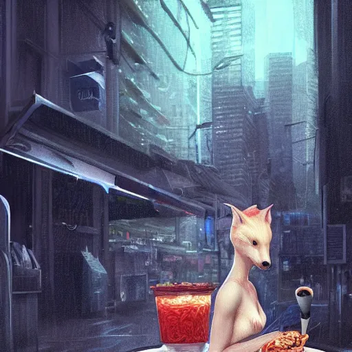 Prompt: white anthropomorphic female vulpes vulpes fulva, eating ramen from a bowl, in the rain by a noodle kiosk, in crowded and wet street of a city, cyberpunk, harsh neon lights, highly detailed, digital painting, trending on artstation, concept art, sharp focus, illustration, art by artgerm and greg rutkowski and magali villeneuve