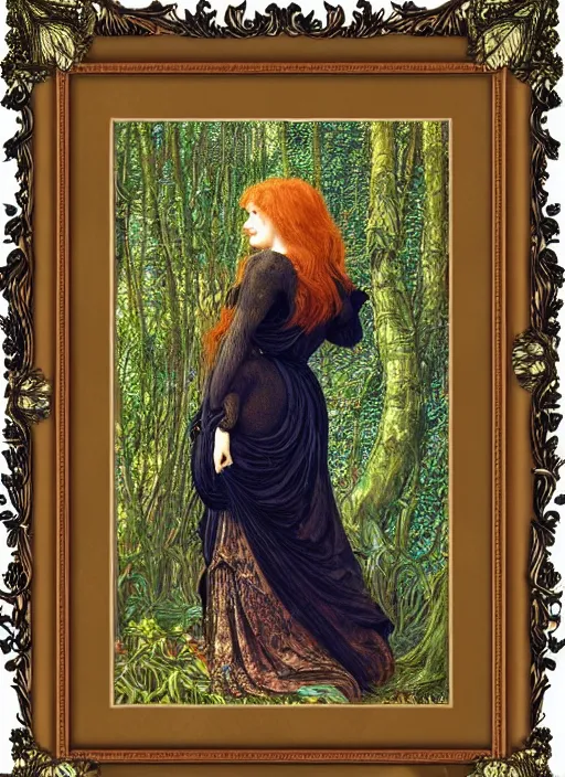 Prompt: masterpiece beautiful seductive flowing curves pose preraphaelite portrait photography, extreme closeup shot, straight bangs, thick set features, yellow ochre ornate medieval dress, amongst foliage mushroom forest arch, william morris and kilian eng and mucha, framed, 4 k
