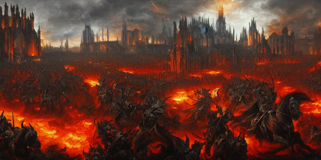 Prompt: highly detailed portrait painting of an ancient gods on hell horses war battle, abbey warhammer battle, old abbey in the background, cathedrals, giant columns, magic blasts by liang xing, 8 k resolution