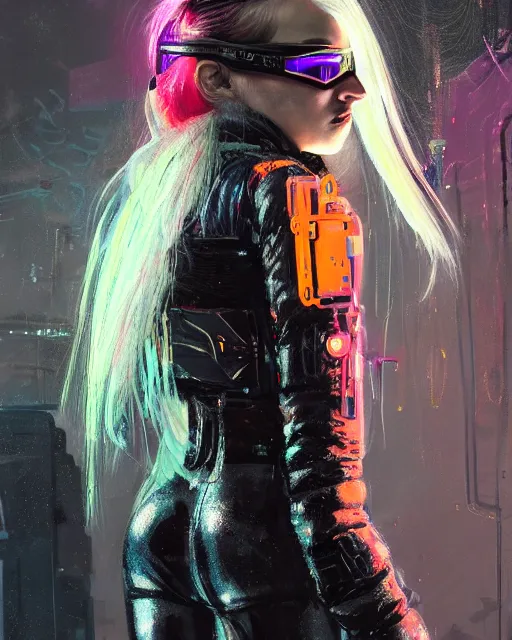 Image similar to detailed portrait neon guard girl with long straight blonde hair goggles seen from the back, cyberpunk futuristic, reflective puffer jacket, black leggings, decorated with traditional ornaments in front of a dystopian crowd with piles of garbage by ismail inceoglu dragan bibin hans thoma, perfect face, fine details, realistic shaded, fine - face, pretty face