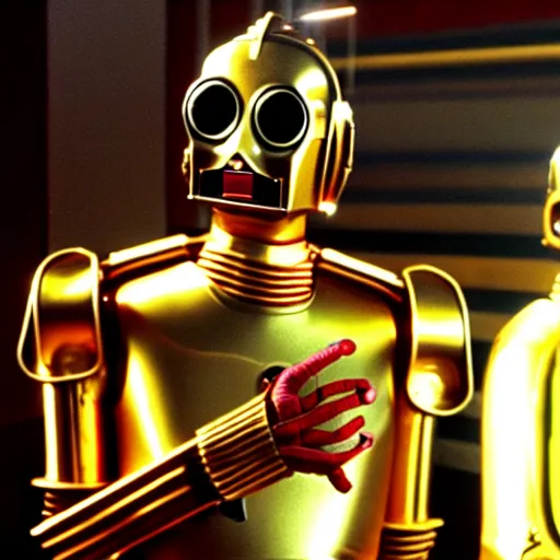 Image similar to mr. bean as c 3 po from star wars. movie still. cinematic lighting.