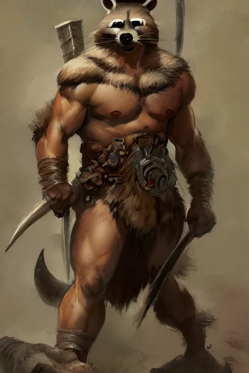 Image similar to a portrait of a male racoon folk barbarian by Frank Frazetta, WLOP and ross tran