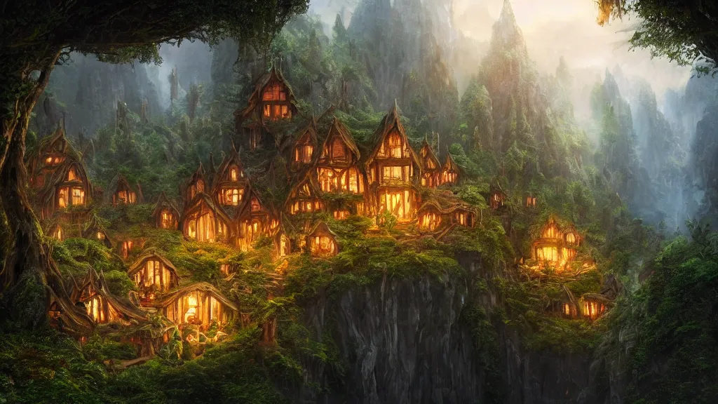 Image similar to elves living in elven treehouses, beautiful landscape, dramatic lighting, cinematic, extremly high detail, photorealistic, cinematic lighting, post processed, concept art, artstation, matte painting, style by greg rutkowsky, by beautiful walt disney animation films of the late 1 9 9 0 s and thomas cole in hd, perfect readability