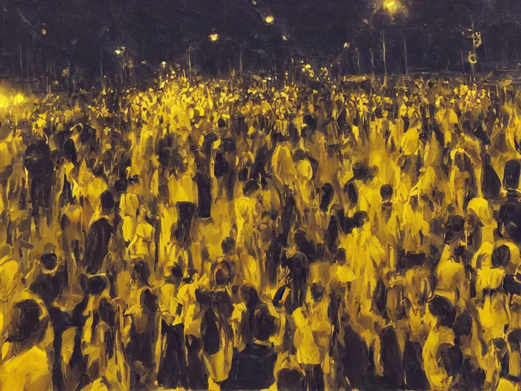 Prompt: first person view in a big parade at night, everyone have yellow clothes, one girl staring at you smiling, photorealistic oil painting, POV