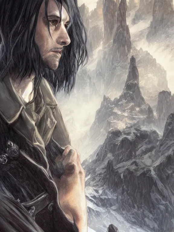 Image similar to levi ackerman, the lord of the rings, hyper detailed,, 8 k realistic, trending in artstation, digital painting, studio quality, cryengine, frostbite 3 engine, character design, smooth, sharp focus, art by artgerm and greg rutkowski and alphonse mucha and ian sprigger and wlop and krenz cushart