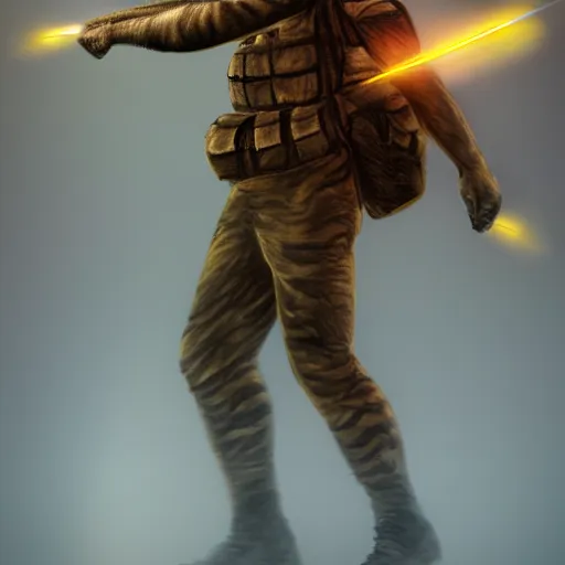 Prompt: Anthro tiger soldier, realistic, 4k, painting, volumetric lightning