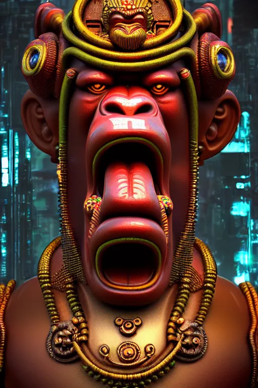 Image similar to high quality 3 d render post - rococo cyberpunk hanuman! head building, neon madhubani, open mouth, highly detailed, in sci - fi new delhi, cinematic smooth unreal engine, lee madgwick & liam wong, dramatic light, low angle, uhd 8 k, sharp focus