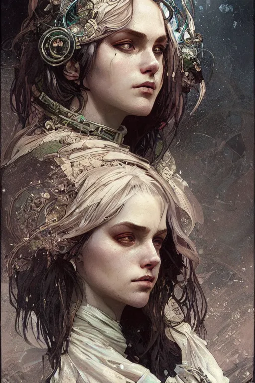 Image similar to A full portrait of a beautiful post apocalyptic celtic blind soothsayer, intricate, elegant, highly detailed, digital painting, artstation, concept art, smooth, sharp focus, illustration, art by Krenz Cushart and Artem Demura and alphonse mucha