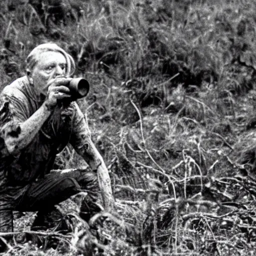 Image similar to cinematic still of sir david attenborough, covered in mud and watching a magnificent predator in the distance with a binocular in 1 9 8 7 movie predator hd, 4 k