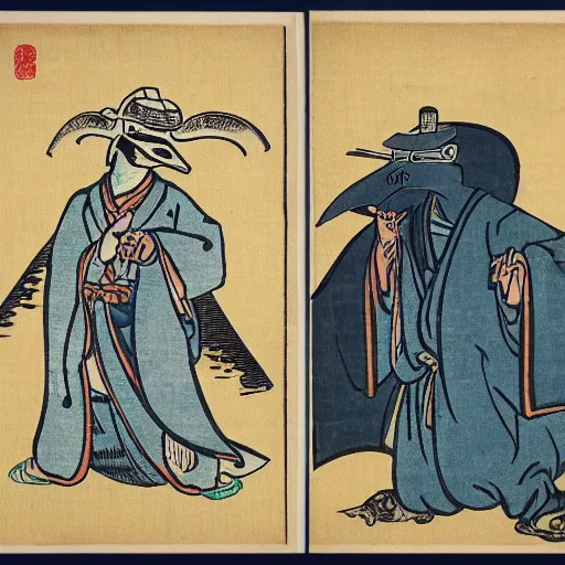 Prompt: ancient Japanese woodcut block print ukiyo-e plague doctor triptych