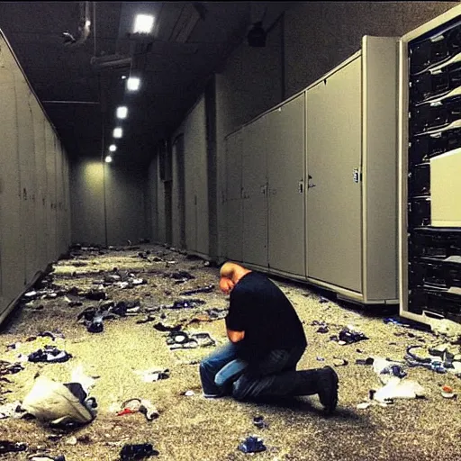 Prompt: “A cowboy kneeling and praying. The cowboy is in an an abandoned server room with server racks and server cables hanging everywhere. The ground is littered with garbage and debris. The walls are filthy. It is dark and no lights. Amateur photo. Flash photo.” n -9