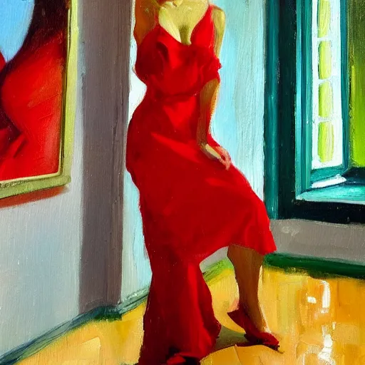 Image similar to an oil on canvas painting of a beautiful feminine woman from the 90's, red dress, leaning against the wall, 90's living room, figurative art, old computers, CRT screens, fine art, studio portrait, detailed, deviantart, cgsociety, chiaroscuro, acrylic art, by Elmer Bischoff, by Michael Garmash, by Edward Hopper