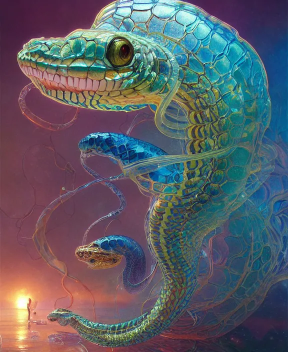 Image similar to intricate colorful transparent portrait of a terrifying beautiful alien snake creature, mottled coloring, adorable, childlike, underwater environment, ultra realistic, concept art, art nouveau, photorealistic, octane render, 8 k, unreal engine. art by christopher marley and artgerm and greg rutkowski and alphonse mucha