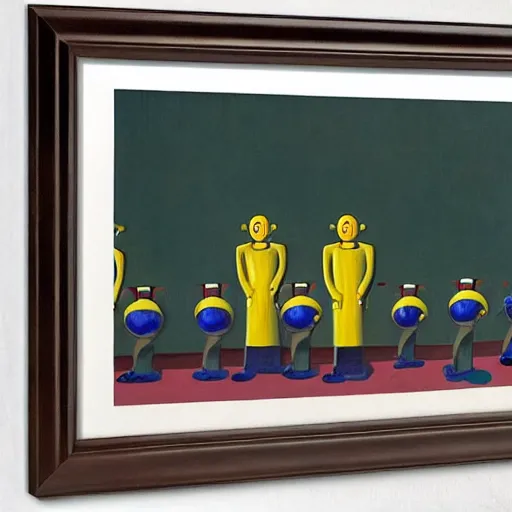 Image similar to robots queue up to eat ice cream, grant wood, pj crook, edward hopper, oil on canvas