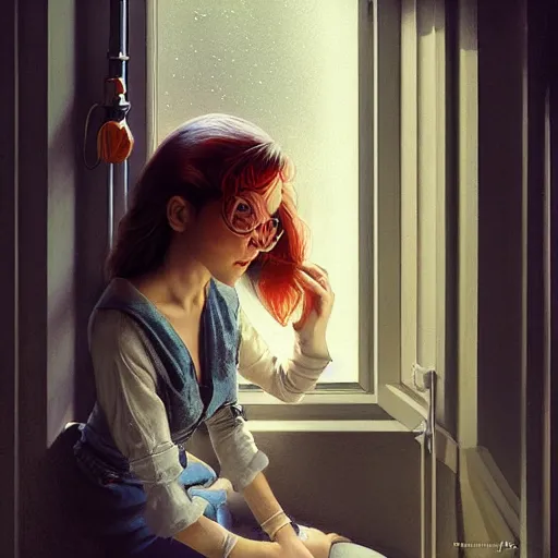 Image similar to Lofi portrait at a window, Pixar style by Stanley Artgerm and Tom Bagshaw and Tim Burton