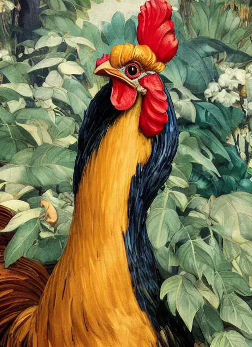 Image similar to masterpiece beautiful seductive flowing curves rooster portrait amongst leaves, extreme close up shot, thick set features, yellow ochre ornate medieval dress, laying amongst foliage mushroom forest circle arch, frederic leighton and kilian eng and rosetti, 4 k