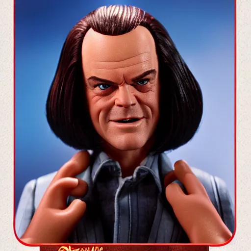 Image similar to Insane Jack Nicholson in the movie The Shining as a male barbie doll, Mattel, studio product photography, professional, detailed, f/8.0