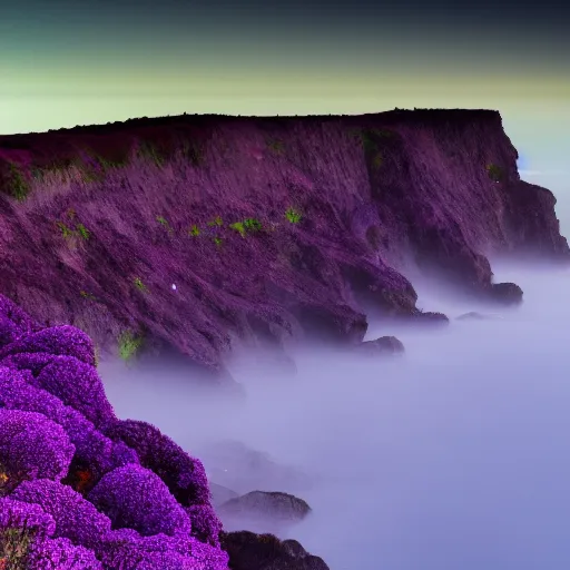 Image similar to cliff landscape with violet ocean, 8 k, moody, purple water, intense color, highly detailed, dream landscape, violet fog, wide, high color saturation,