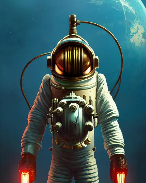 Prompt: bioshock action game astronaut by artgerm, greg rutkowski, alphonse mucha, cgsociety and beeple highly detailed, sharp focus, cinematic lighting, illustration, art, octane render, unreal engine lumen, very coherent. cinematic, hyper realism, high detail, octane render, 8 k