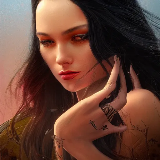 Prompt: a beautiful detailed colorful illustration of an attractive female with long black hair covering part of her face, centered, glamour portrait, by karol bak and beeple, trending on artstation and 5 0 0 px and behance, extreme detailing, realistic, f 8, 4 k hd wallpaper