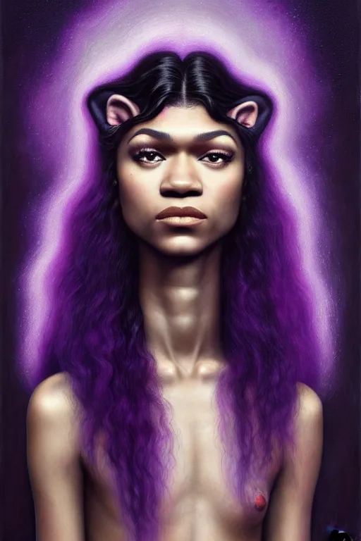 Prompt: zendaya with wavy dark purple hair coming out of the abyss with a panther on her shoulder, ultrafine hyperrealistic fantasy oil painting, art by ida outhwaite and loish, dreamy, surreal, trending on artstation, dungeons and dragons, intricate linework, sharp focus, smooth, unreal engine, dramatic lighting, 8 k,