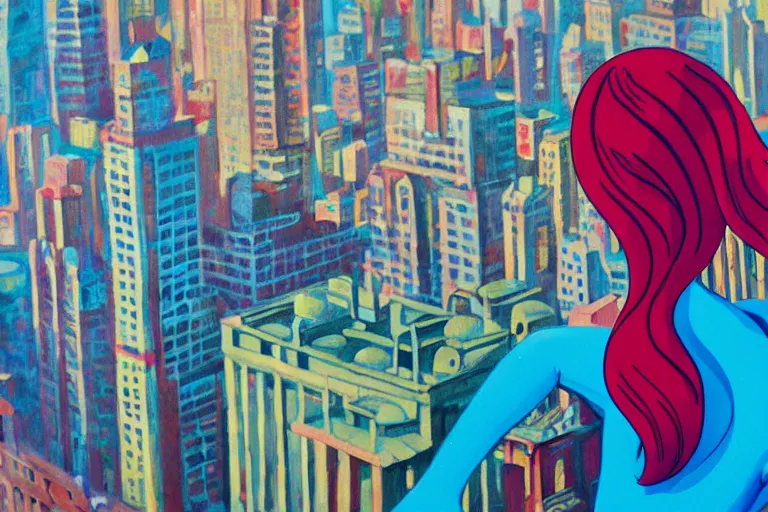 Image similar to Jessica Rabbit looking at the city. Cinematic. Intricately detailed acrylic painting