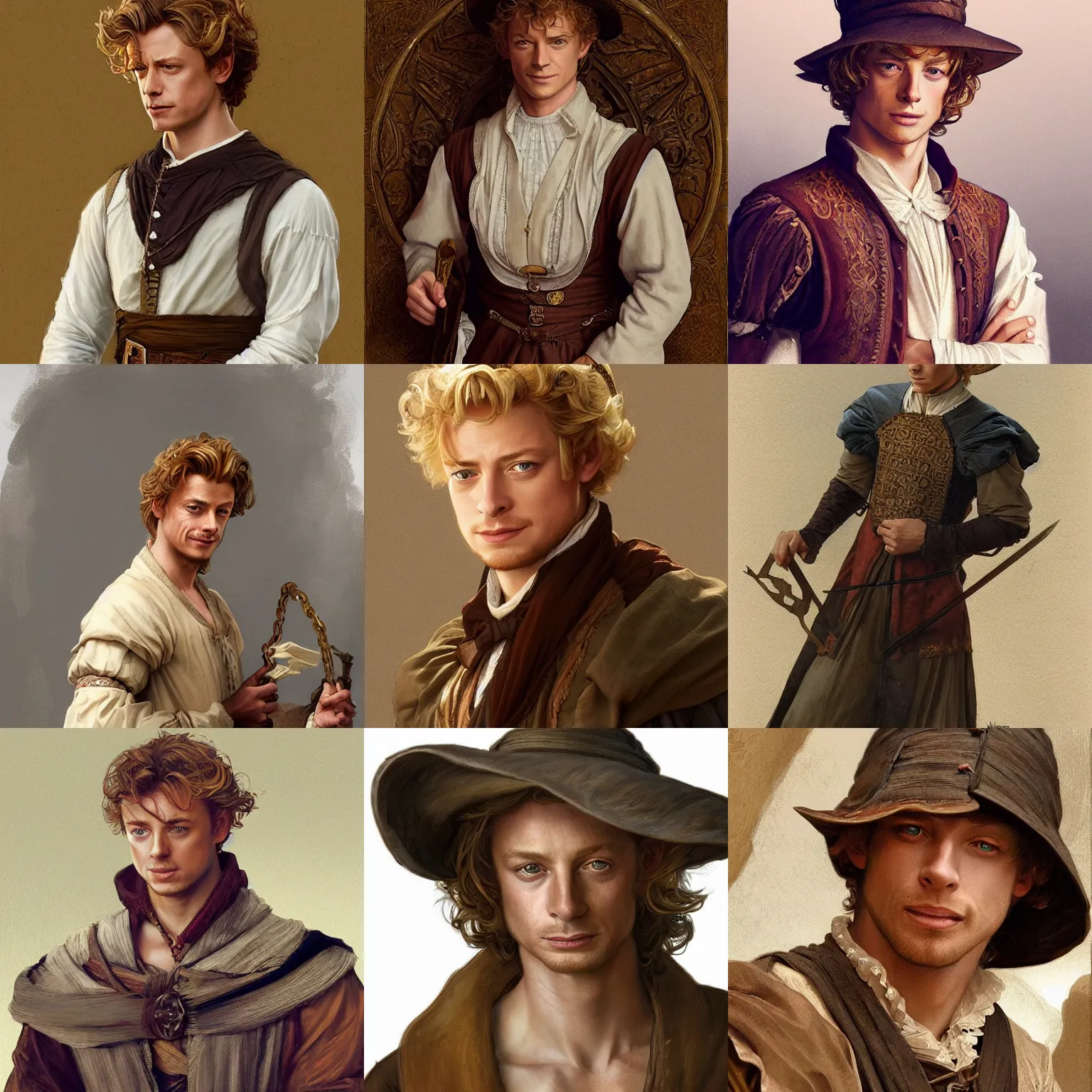 Image similar to a young man wearing 16th century clothes, sly expression, blonde, young simon baker, D&D, fantasy, portrait, highly detailed, digital painting, artstation, concept art, sharp focus, illustration, art by artgerm and greg rutkowski and alphonse mucha