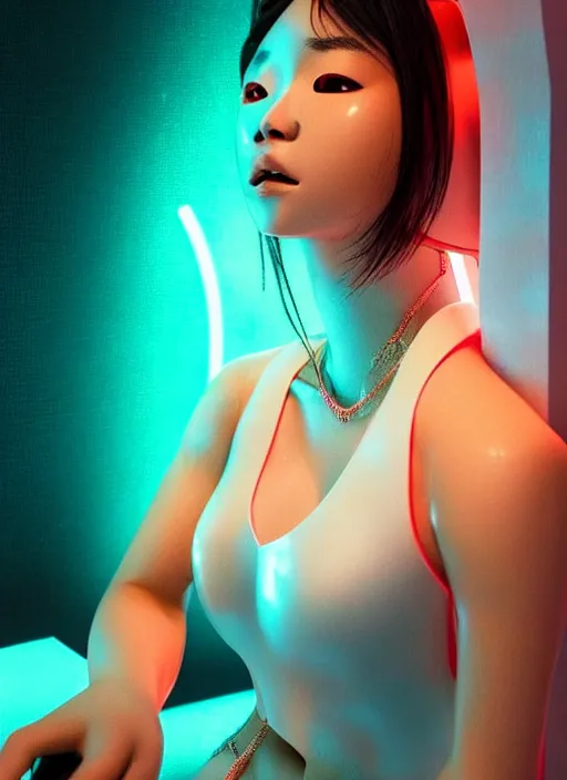 Prompt: a sensual asian female humanoid with freckled cheeks, cyber neon lighting, futurism, intricate futuristic jewelry accessories, cyberpunk glossy white latex swimsuit, profile posing, hyper photorealistic, crispy quality, digital photography, trending in artstation, trending in pinterest, cinematic, 4 k ultra hd, art by pascal blanche, art by greg rutkowski,
