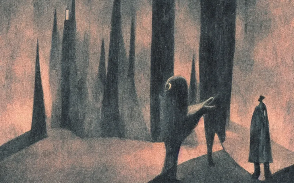 Prompt: high quality high definition colorized movie still from The Cabinet of Doctor Caligari: a lonely ghost walking alone at night in the woods, high quality oil painting, iridescent color palette