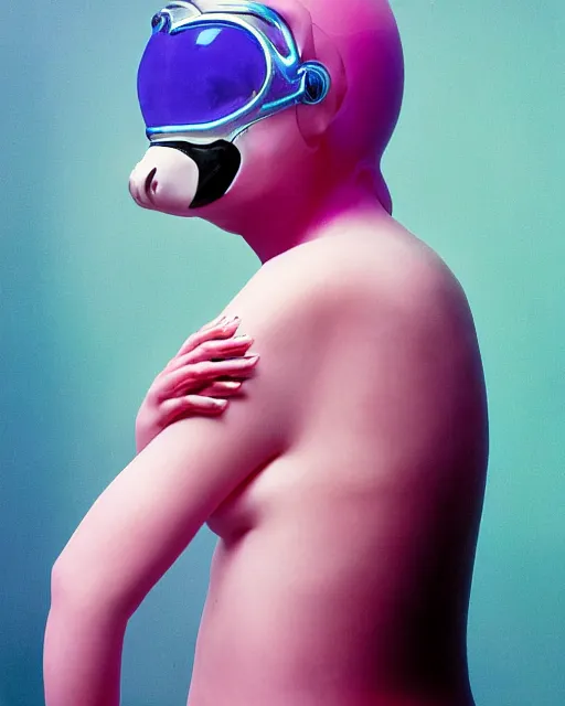 Image similar to natural light, soft focus portrait of a cyberpunk anthropomorphic orca with soft synthetic pink skin, blue bioluminescent plastics, smooth shiny metal, elaborate ornate head piece, piercings, skin textures, by annie leibovitz, paul lehr